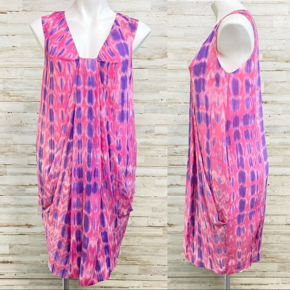 Anne Klein Collection Tie Dye Dress Womens Size 2 Pink Shift Silk Cotton Blend